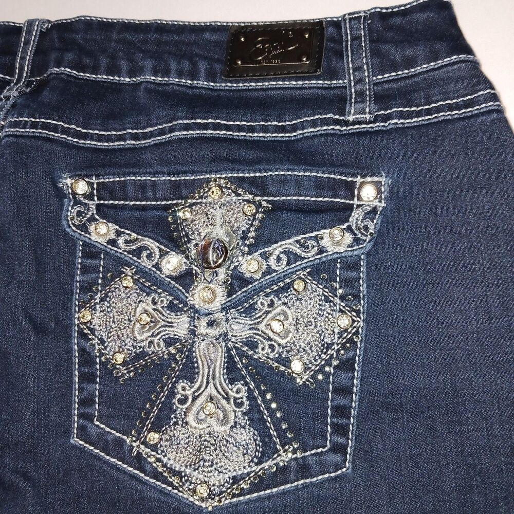 Earl Jeans Women Western Cross Pocket Rhinestone Embellished Cowgirl Bling Denim